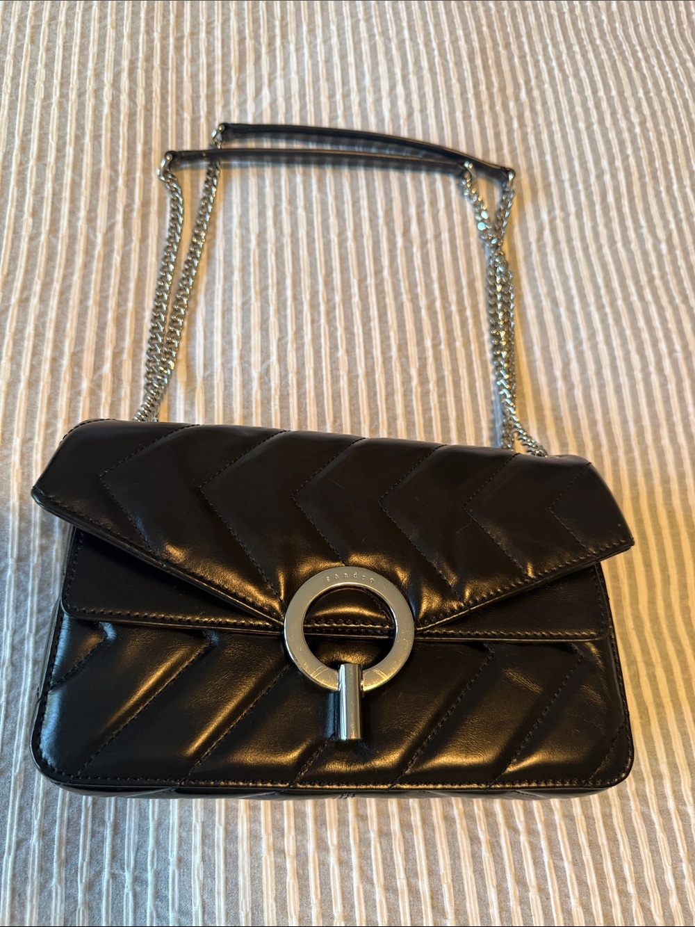 Sandro Quilted Black Chain Shoulder Bag with Silver Ring Accent